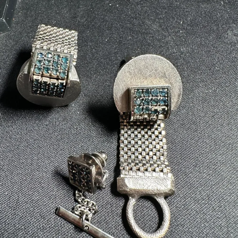 Vintage Cufflinks Tie Tac Set Blue Rhinestone Mesh Wrap Silver Tone retro